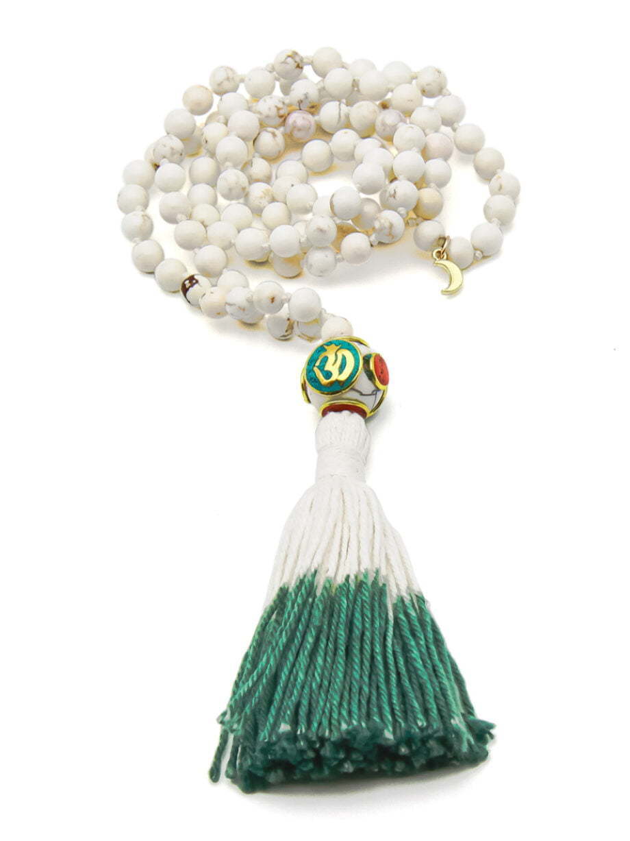 white howlite 108 bead mala necklace with Tibetan prayer bead and mocha and white tassel