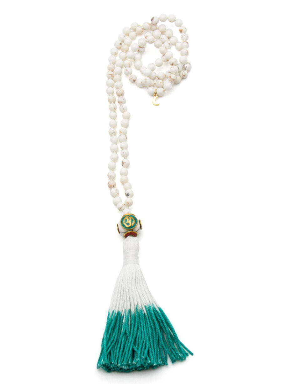 white howlite 108 bead mala necklace with tibetan prayer bead with turquoise and white tassel