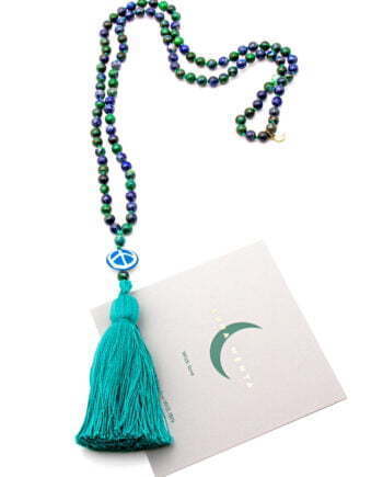 Blue and green azurite 108 bead Mala necklace with peace sign and teal tasse