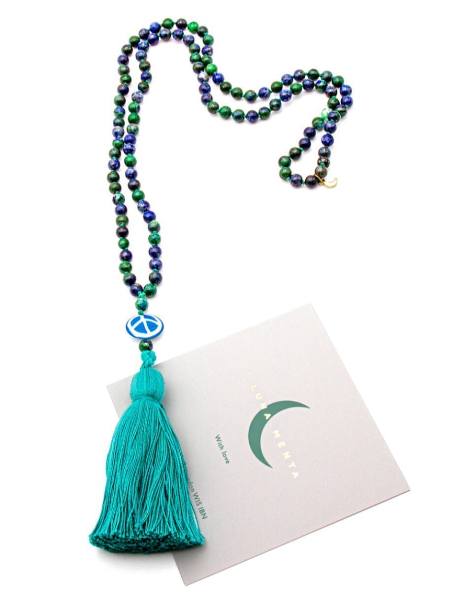 Blue and green azurite 108 bead Mala necklace with peace sign and teal tasse