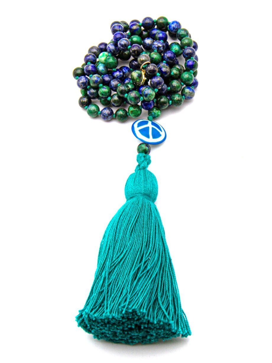 Blue and green azurite 108 bead Mala necklace with peace sign and teal tassel