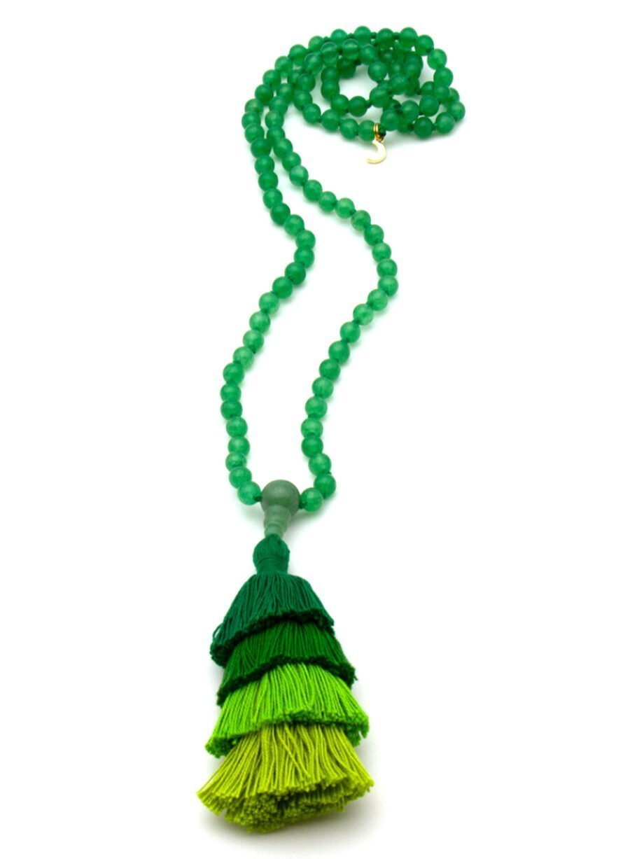 Green jade 108 bead Mala necklace with multi colour 4 tiered tassel