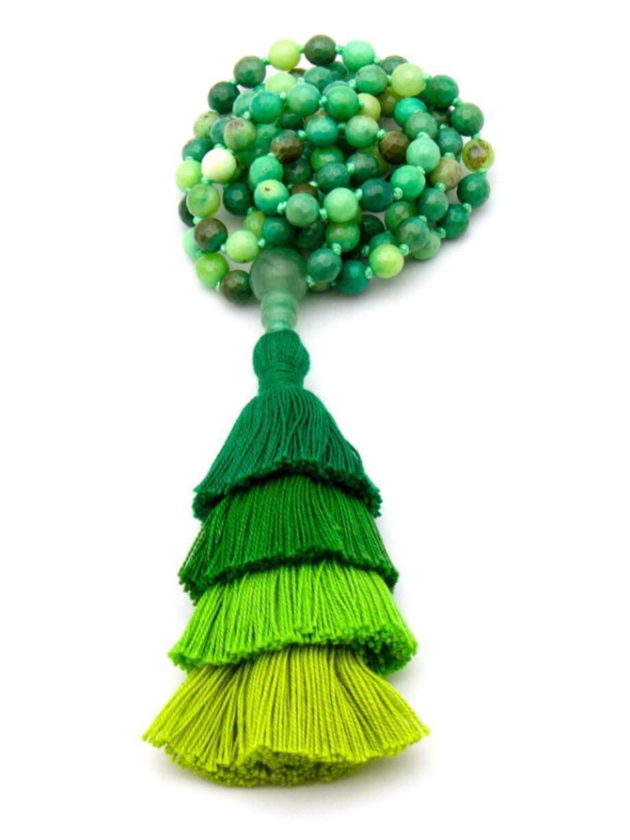 Multi colour green 108 bead Mala necklace with mixed green 4 tiered tassel