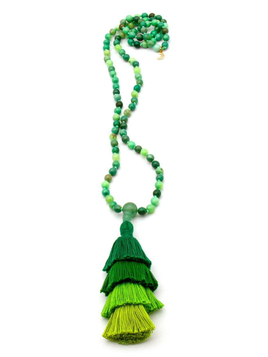Multi colour green 108 bead Mala necklace with mixed green 4 tiered tassel