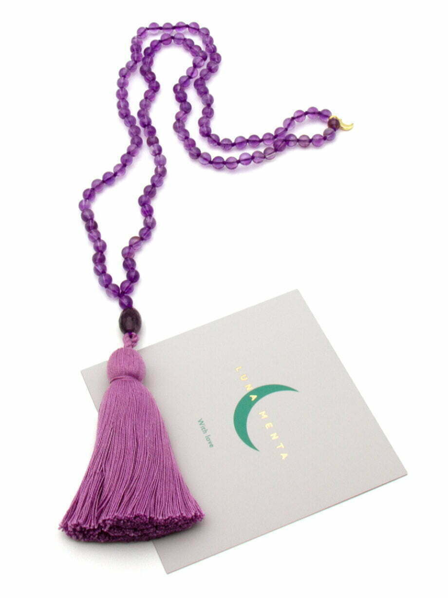 Amethyst 108 bead Mala necklace with violet cotton tassel