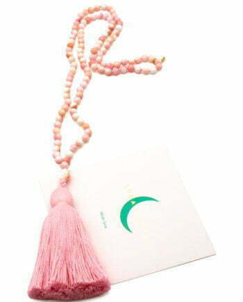 Pale pink and white conch shell 108 bead Mala necklace with carved conch shell connector bead and pale pink tassel