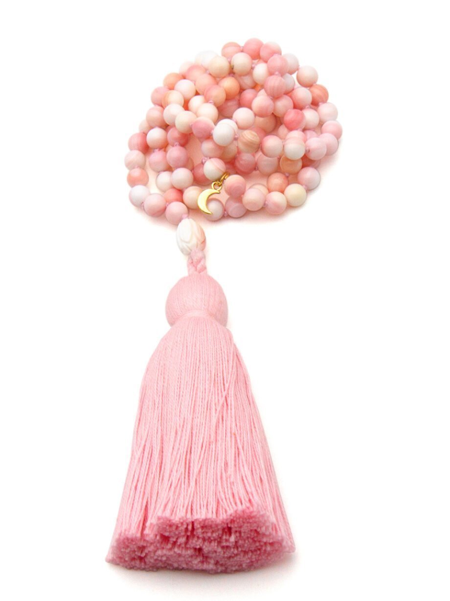Pale pink and white conch shell 108 bead Mala necklace with carved conch shell connector bead and pale pink tassel