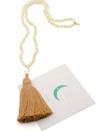 108 mother of pearl bead Mala necklace with crescent moon and taupe cotton tassel