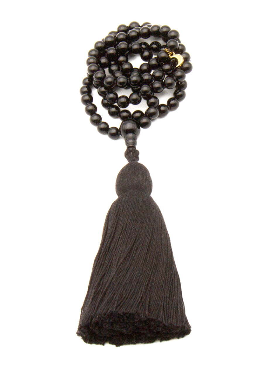 Black onyx 108 bead Mala necklace with black cotton tassel and guru bead