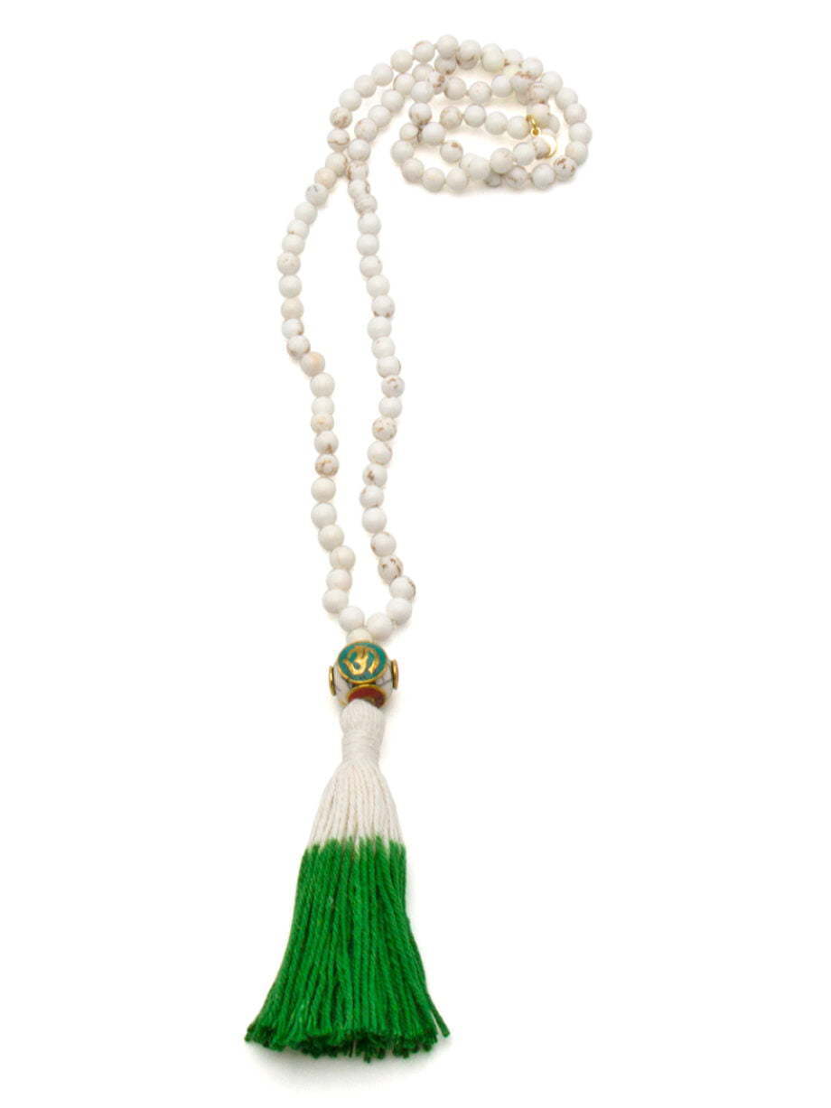 white Howlite 108 bead mala necklace with Tibetan prayer bead and green and white dip dyed tassel