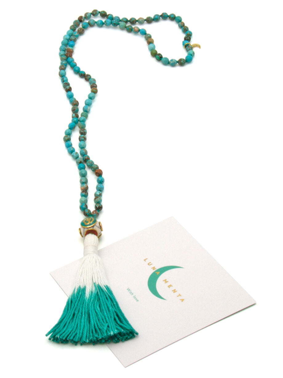 Turquoise 108 bead mala necklace with Tibetan prayer bead and turquoise and white tassel
