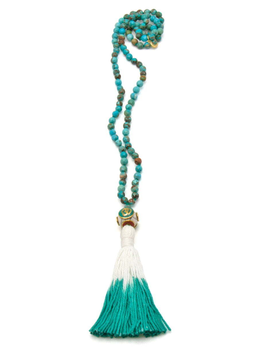 Turquoise 108 bead mala necklace with Tibetan prayer bead and turquoise and white tassel