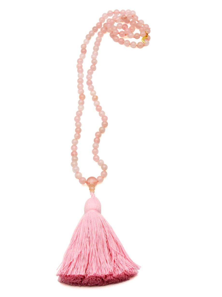 Rose quartz 108 bead mala necklace with pale pink cotton tassel