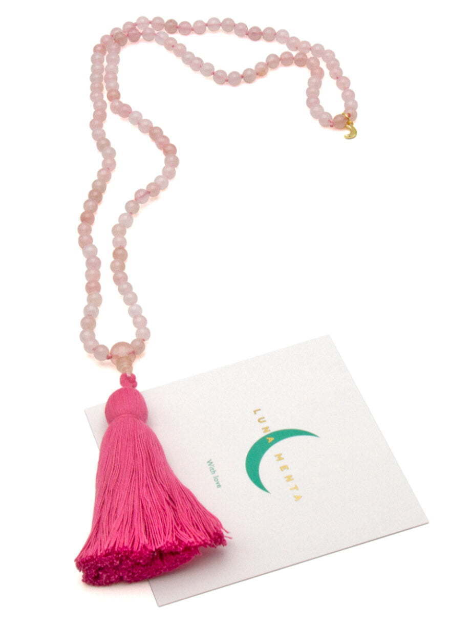 Rose quartz 108 bead mala necklace with hot pink cotton tassel