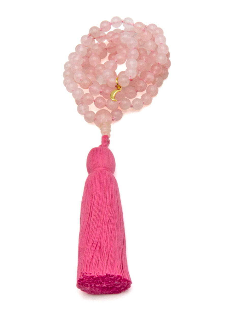 Rose quartz 108 bead mala necklace with hot pink cotton tassel