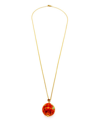 Gold and red enamel globe pendant on long gold chain