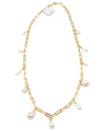Long gold chain necklace with multi white freshwater pearls